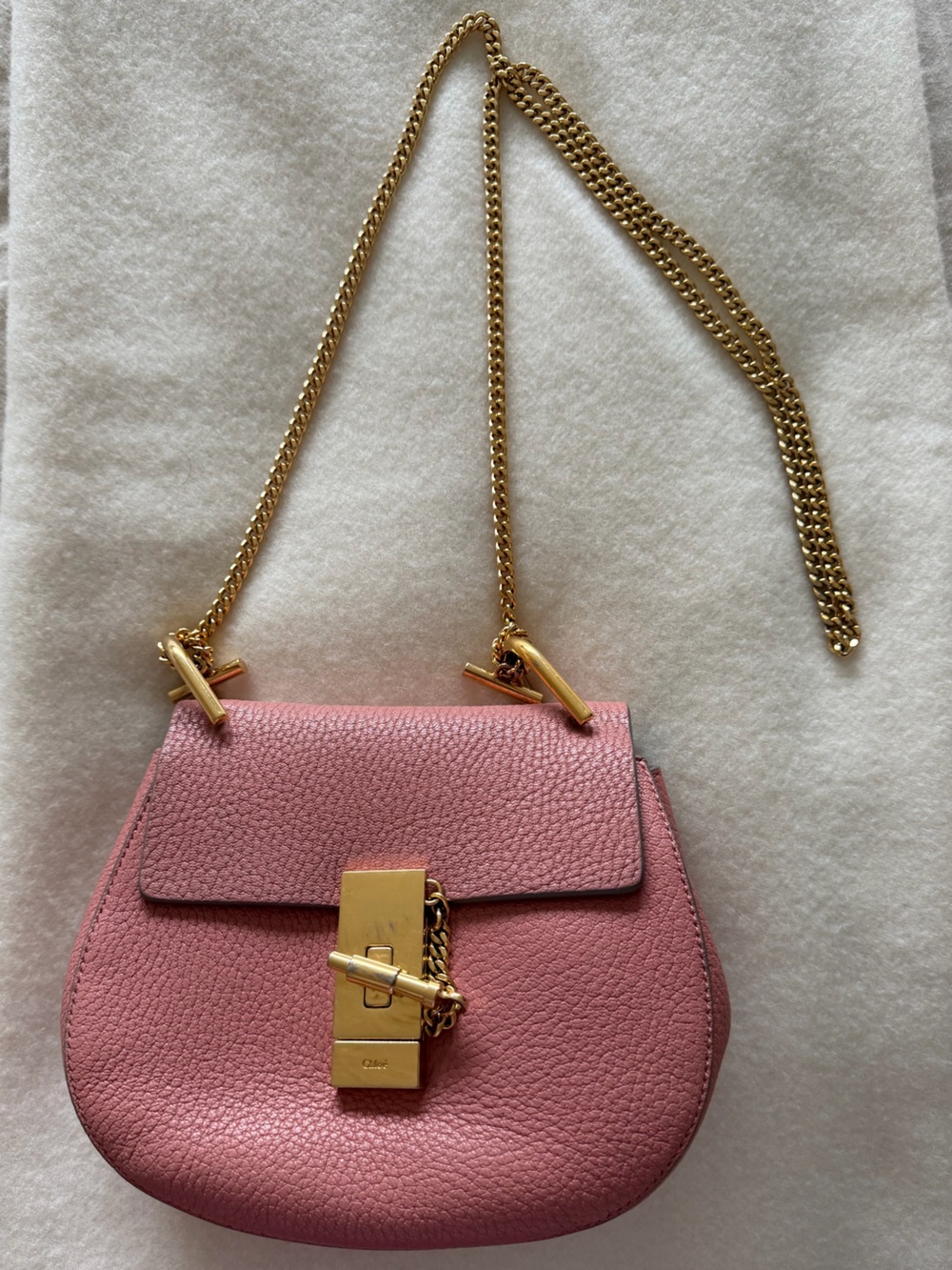 Chloe Pink Pebbled Leather Crossbody with Gold Chain